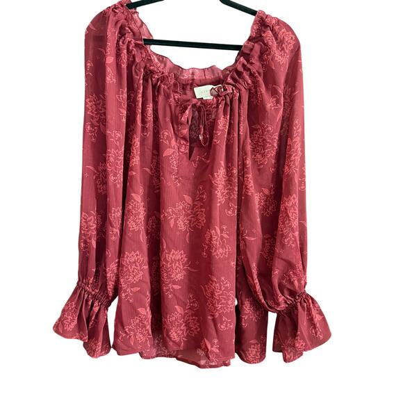 STEELE Anthropologie Laurelyn Sheer Floral Tie Neck Boho Blouse Burgundy Large - Picture 2 of 8